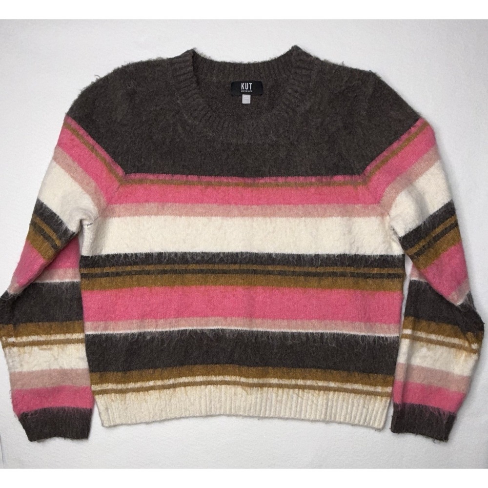 KUT From The Kloth Elvira Sweater  Striped Fuzzy Knit Sz L Pink Wool Blend Cozy